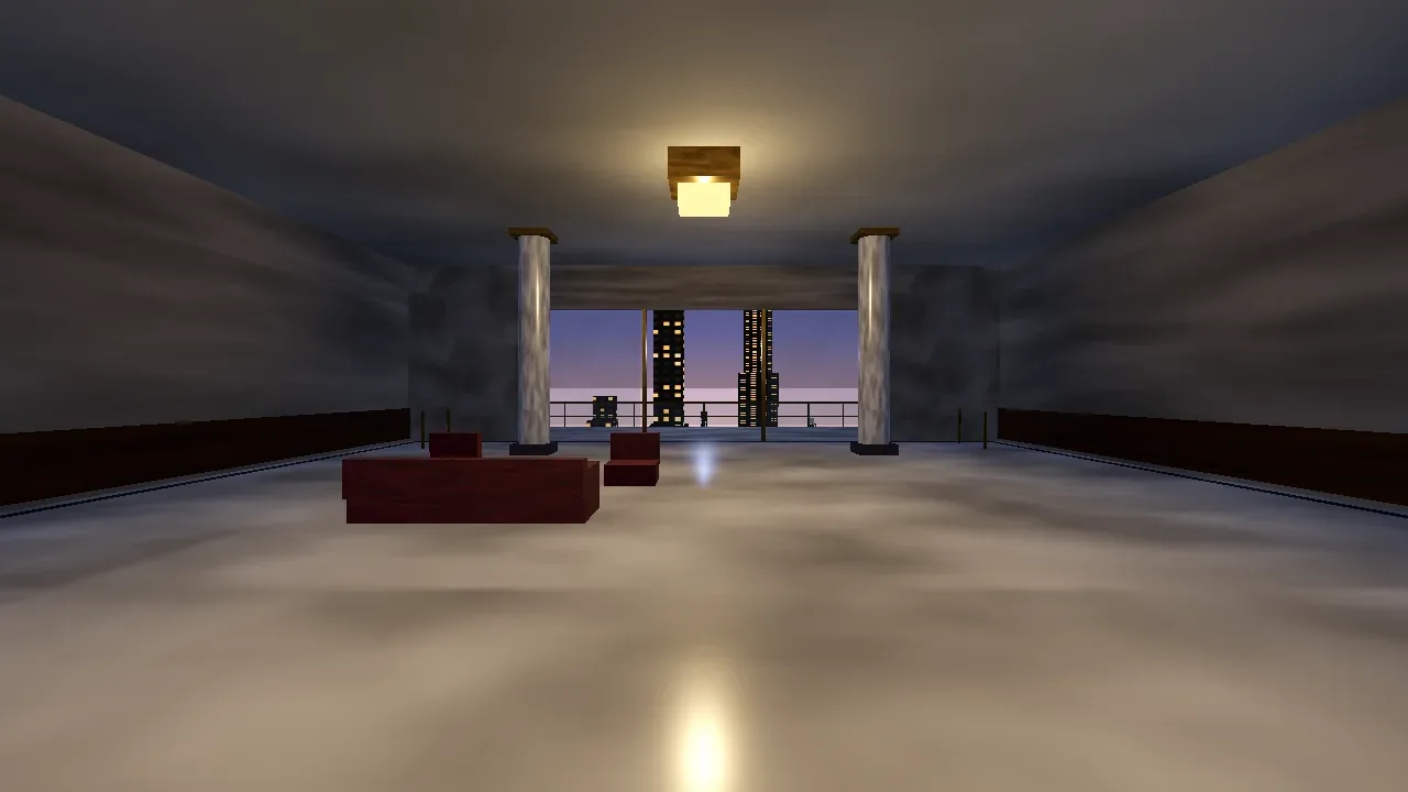 The grand suite on floor 37, a marble room with the city skyline glowing through a wall of glass