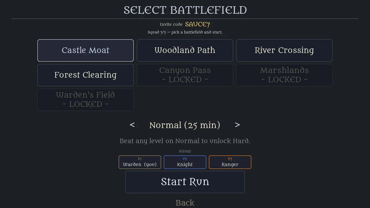 The co-op battlefield-select lobby showing an invite code, a three-player squad of Warden, Knight and Ranger, and a difficulty selector
