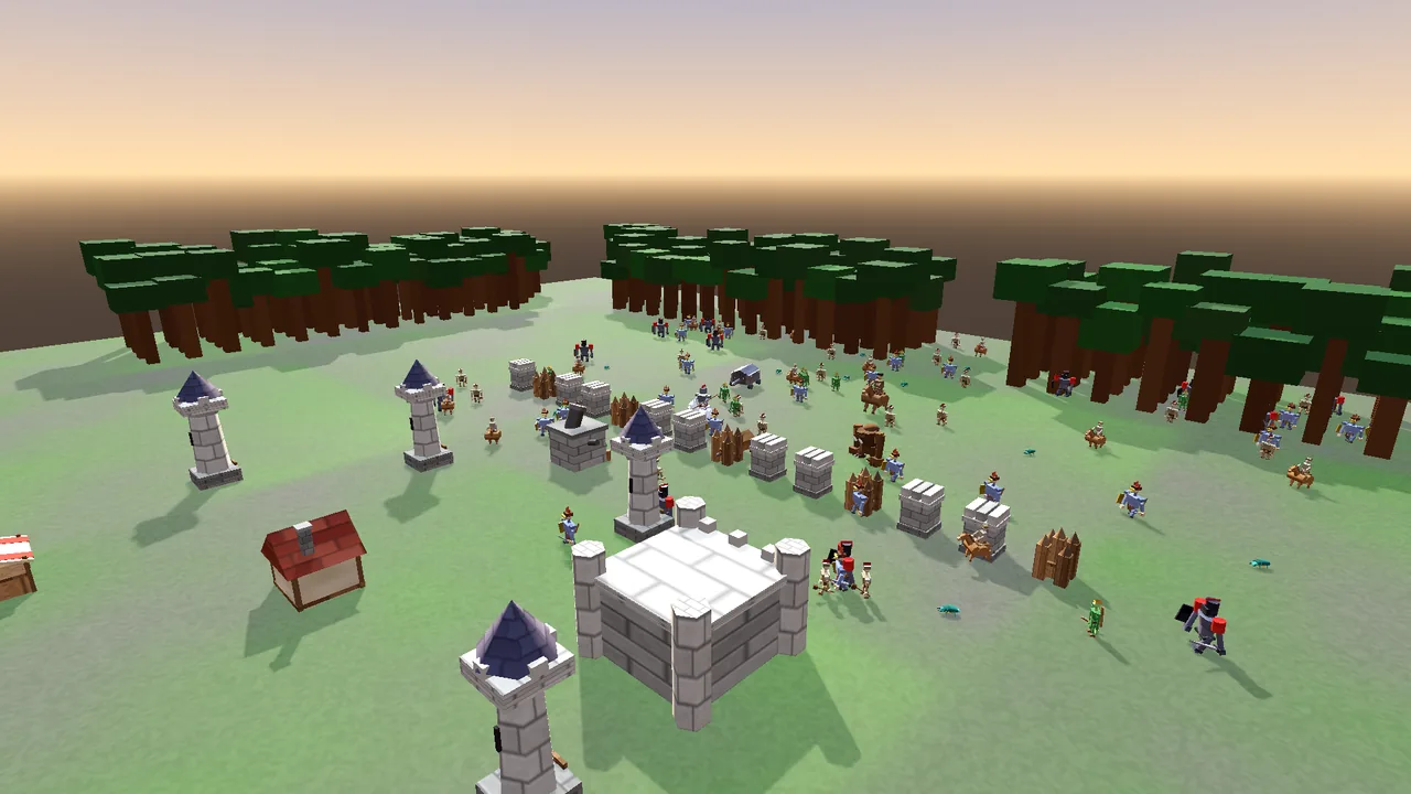 A wide view of the same village under a much larger assault, dozens of enemies and cavalry spread across the field