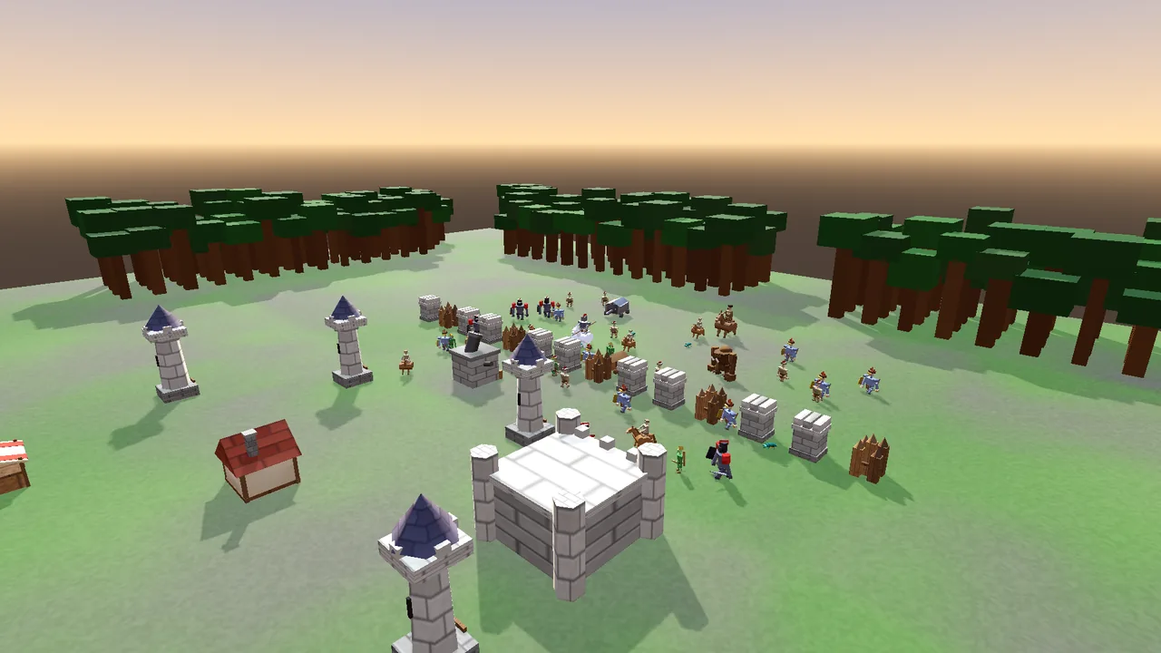 A fortified village of stone towers, walls and a keep on open grassland, with a mixed enemy horde marching in from the treeline