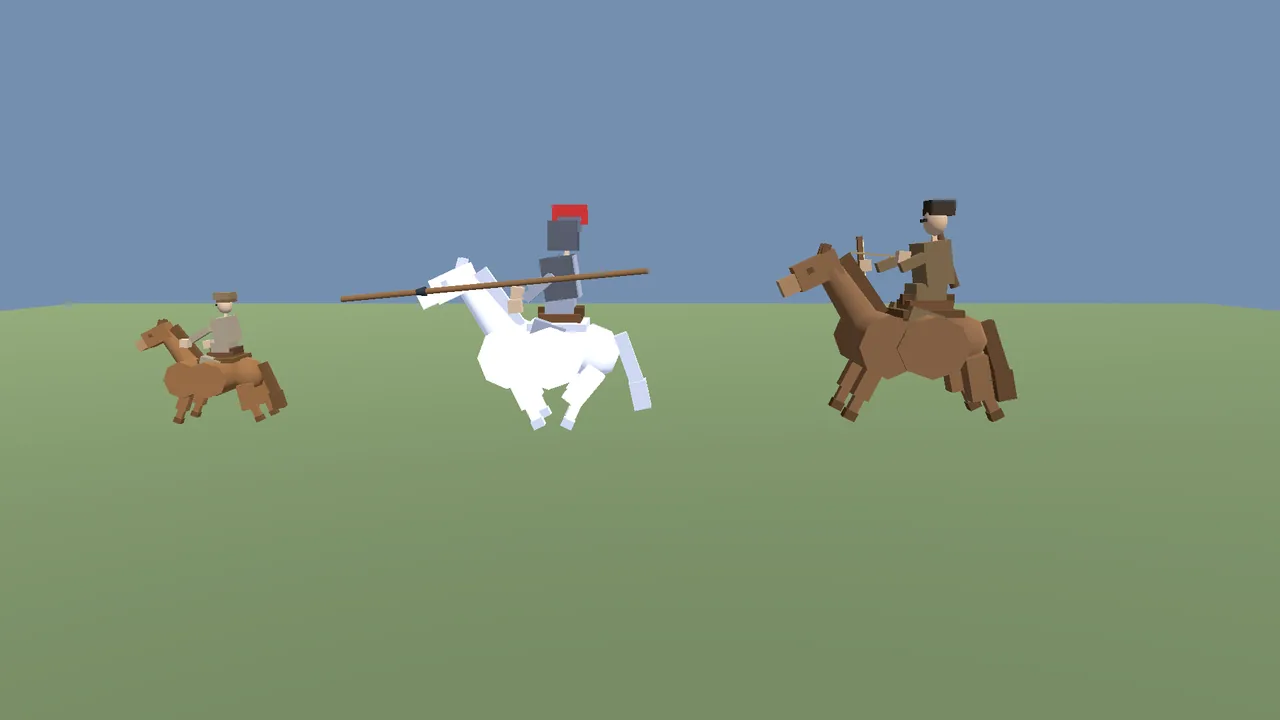 Three mounted units side by side on grass: a small brown scout, an armored knight on a white steed with a lance, and a mounted archer on a brown horse