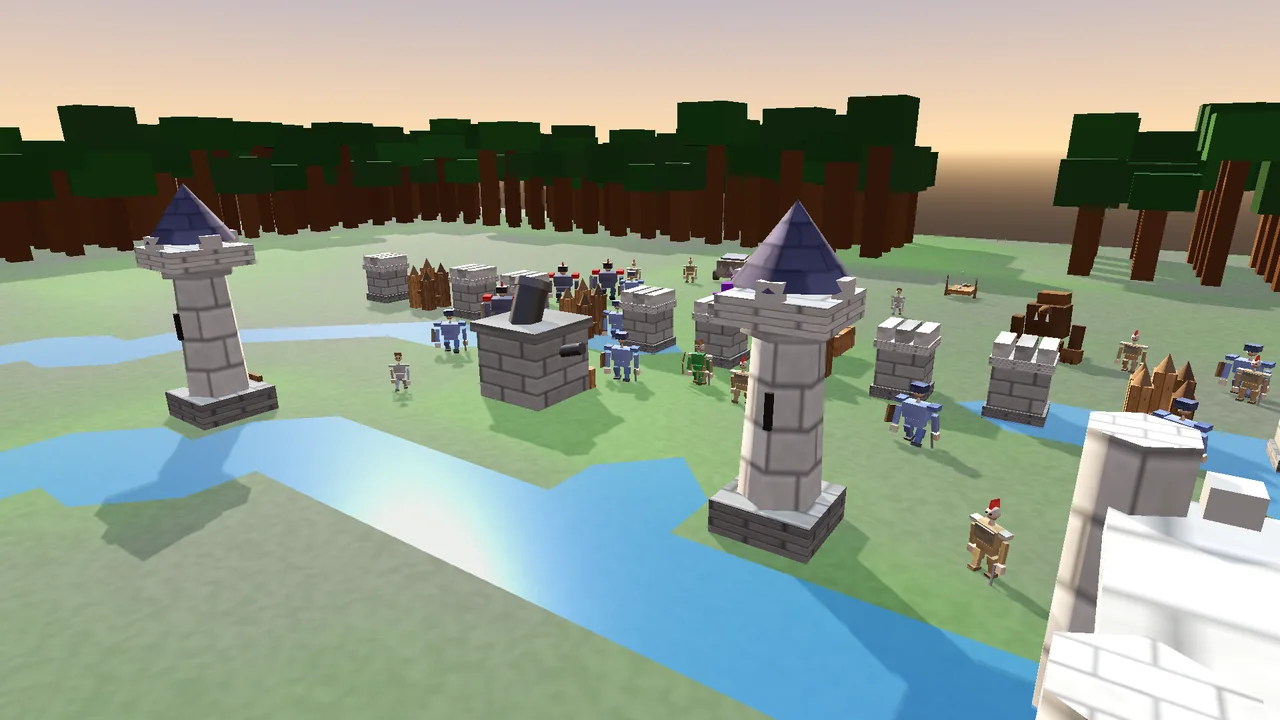 Close view of two arrow towers and a wall over a moat, defending knights meeting raiders pushing toward the village
