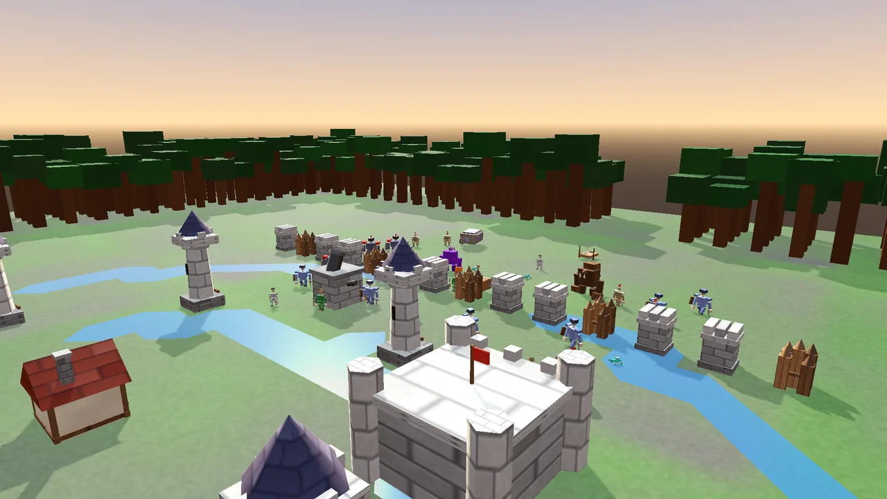 A fortified medieval village with arrow and bombard towers and a stone wall line as a horde of raiders, battering rams and beasts advances across the green