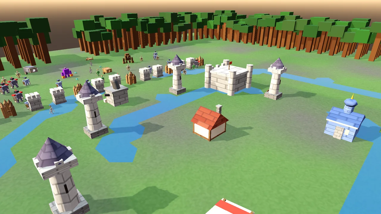The fortified village from above: town keep, red-roofed market, university, arrow towers and walls ringed by a moat, with the horde massing at the treeline