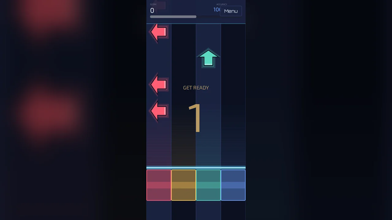 Beat Runner countdown: a GET READY prompt and a 1 over four lanes as the first notes scroll in from the top