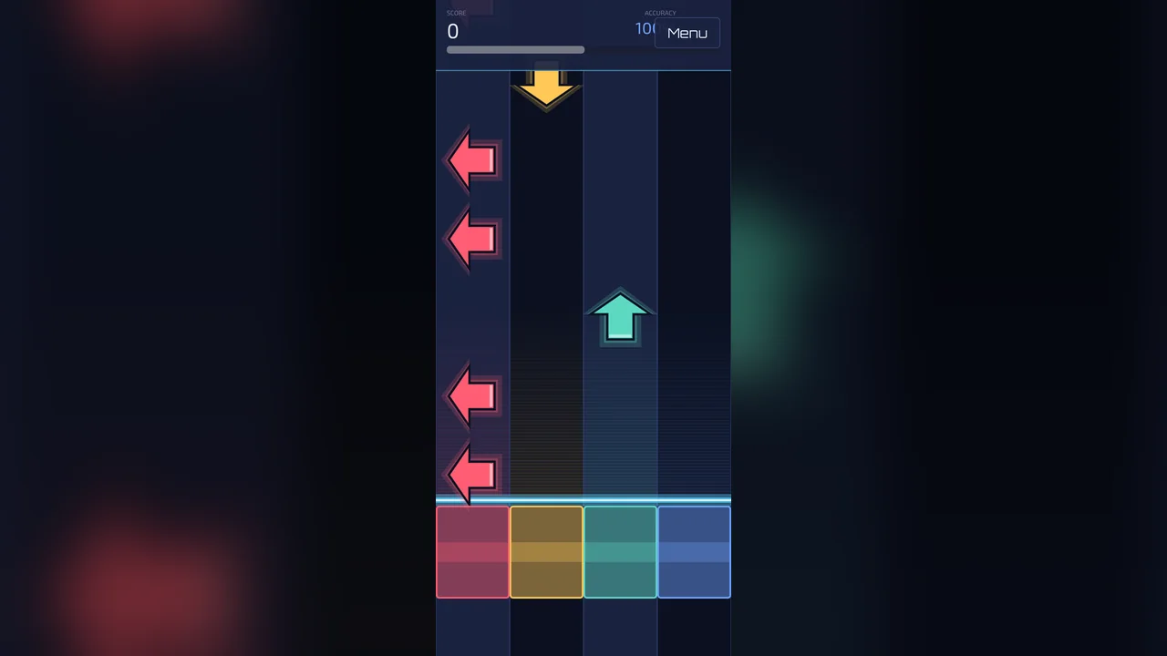 Beat Runner gameplay: colored arrow notes falling down four lanes toward the lit hit-zone buttons, accuracy at 100%