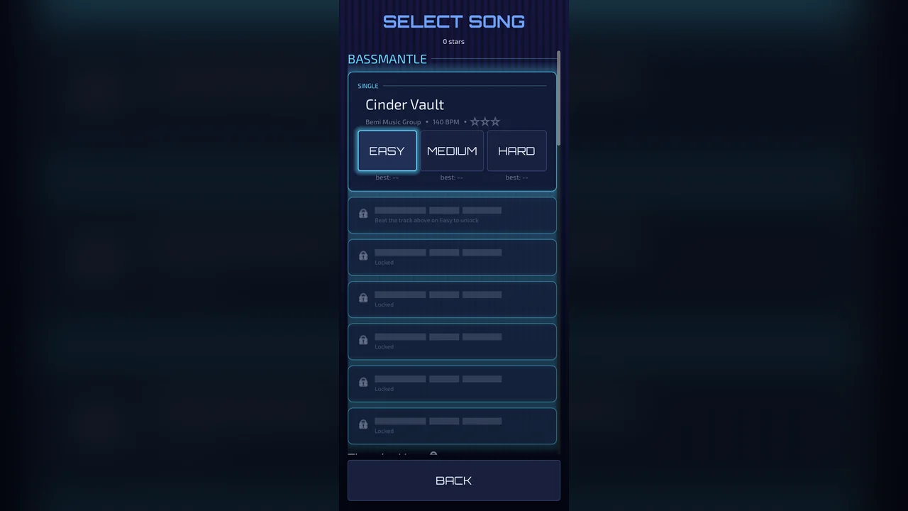 Song select screen showing the track Cinder Vault at 140 BPM with Easy, Medium and Hard difficulty options and locked songs below