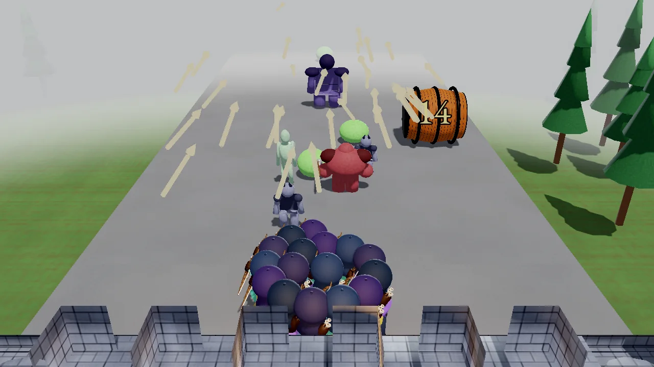 Bulwark gameplay: an archer line at the gate firing a barrage of arrows up the road at a charging mob of monsters, with +1 boxes and power-up barrels on the side lanes