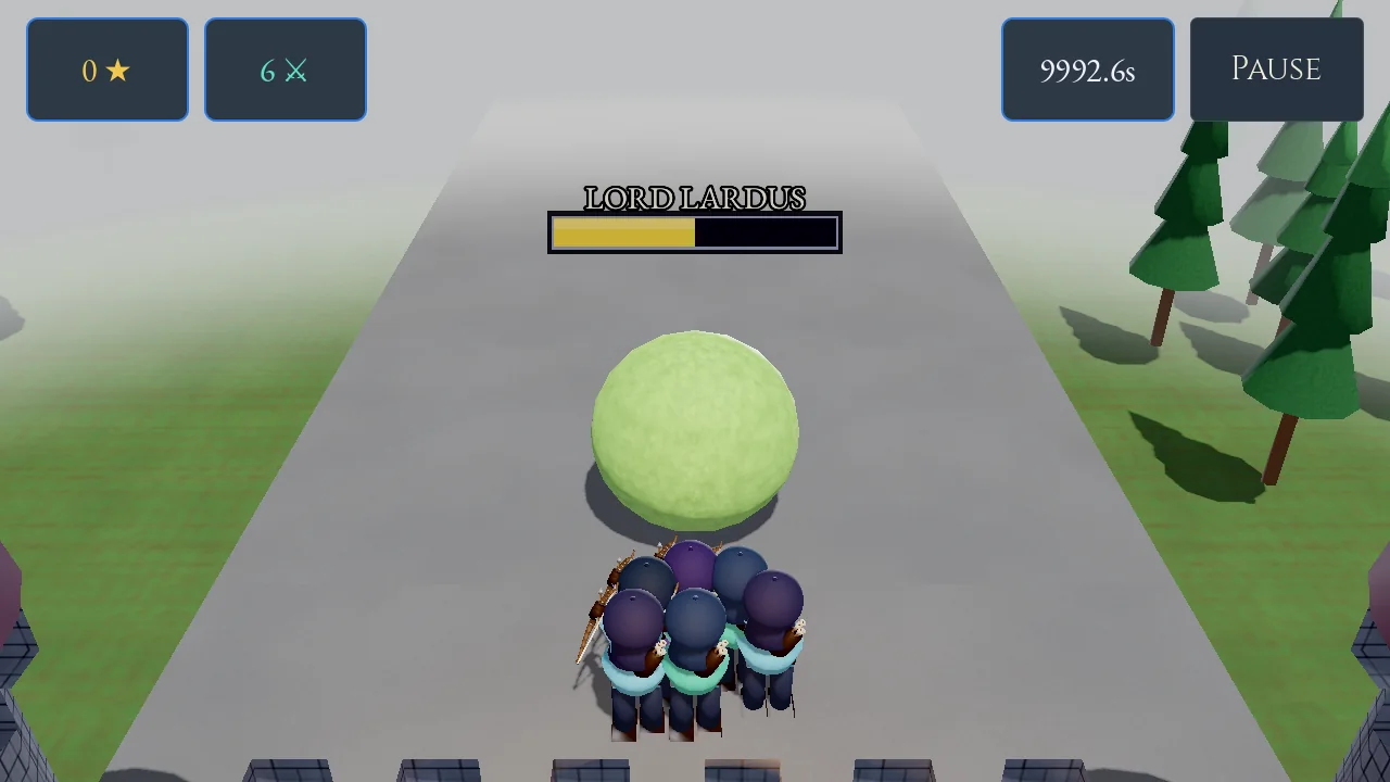 A giant boss monster pushing up the lane with an amber health bar above it as the archer line holds the gate