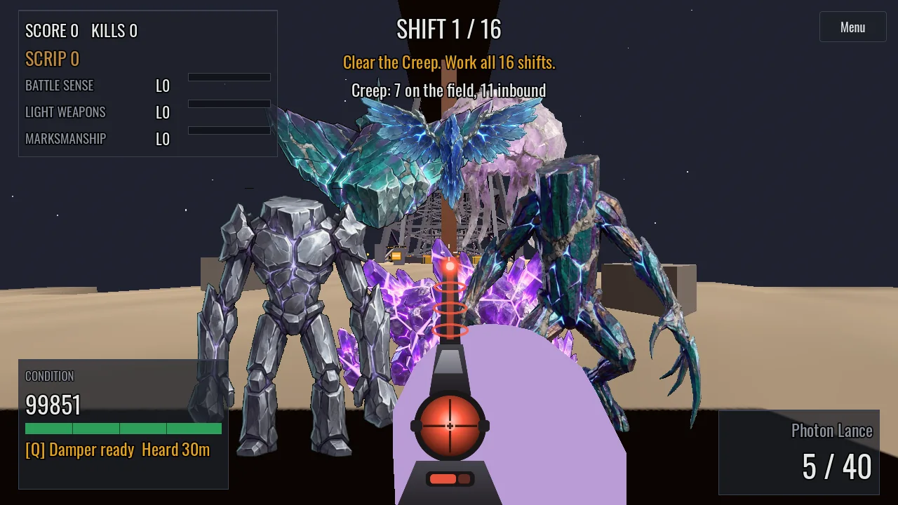 DEADWORK gameplay: an asteroid sliced in half, two shafts at the waist under steel headframes, with a very long drop on either side