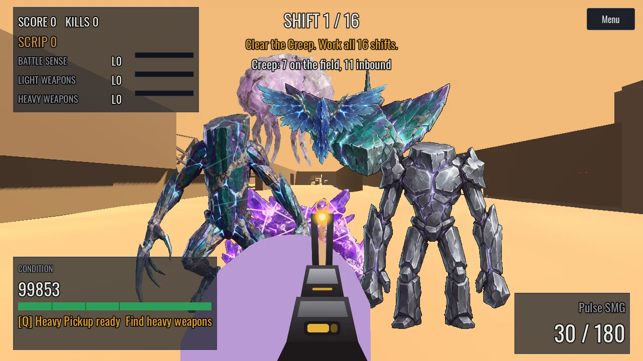 DEADWORK gameplay: a first-person view across a desert open-pit mine, haul roads running between spoil banks under amber work lights, with a crystalline monster approaching