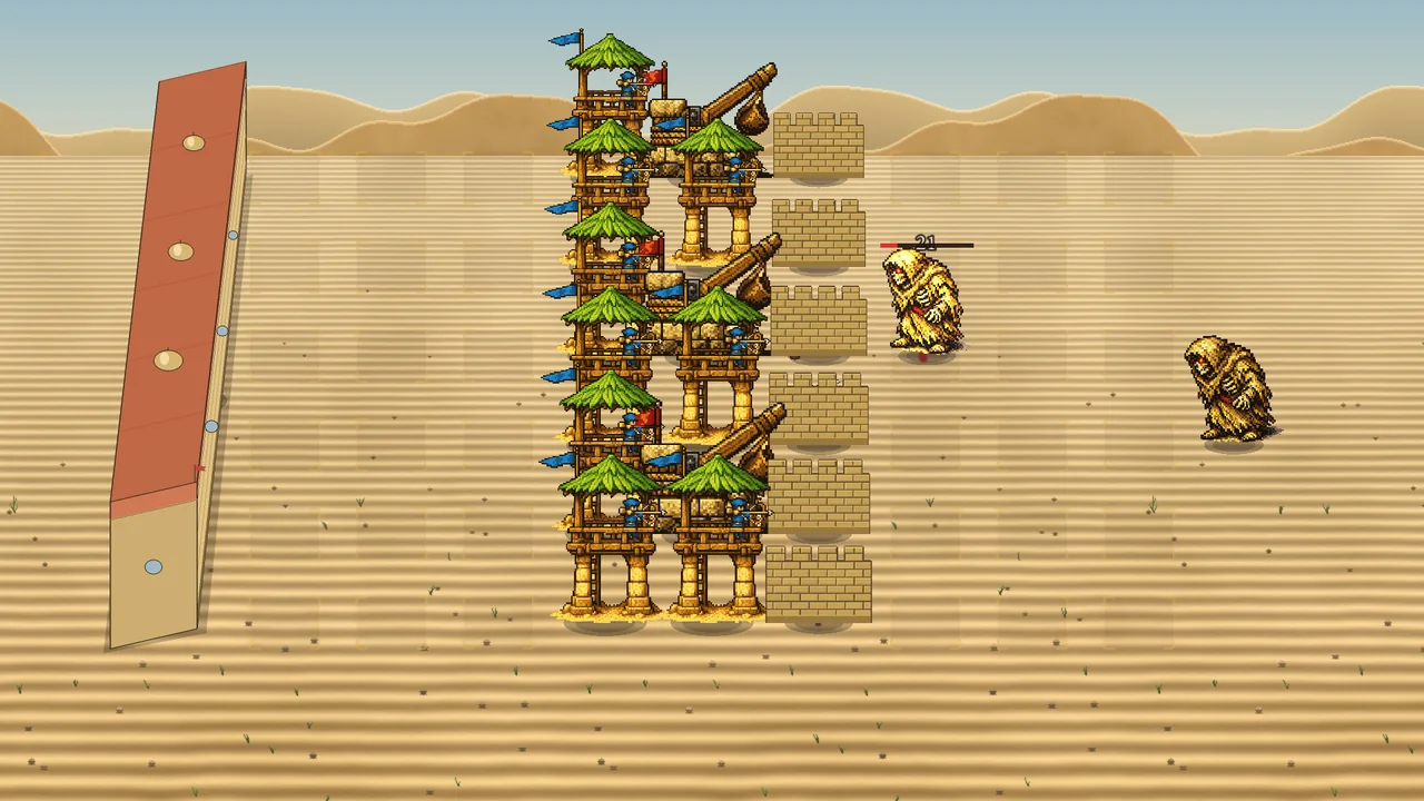 Defend the Dune: stacked palm-roofed towers and stone walls forming a maze across a sun-bleached desert, sand creatures approaching from the right