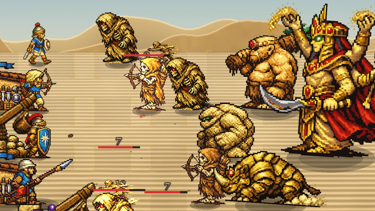 A heavy wave of sand monsters, sand worms and a golden boss pushing through the dunes while the defenders' arrows fly