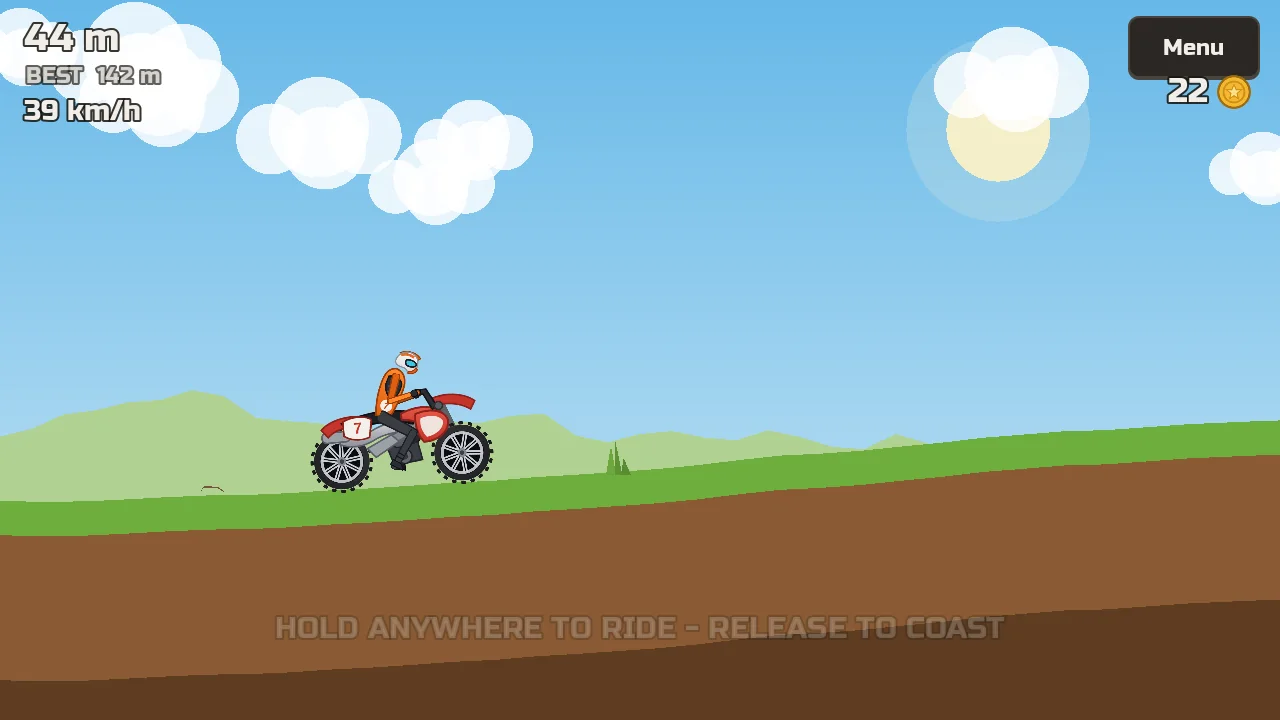 Dirt Rush: a red dirt bike and rider speeding over rolling green hills under a blue sky