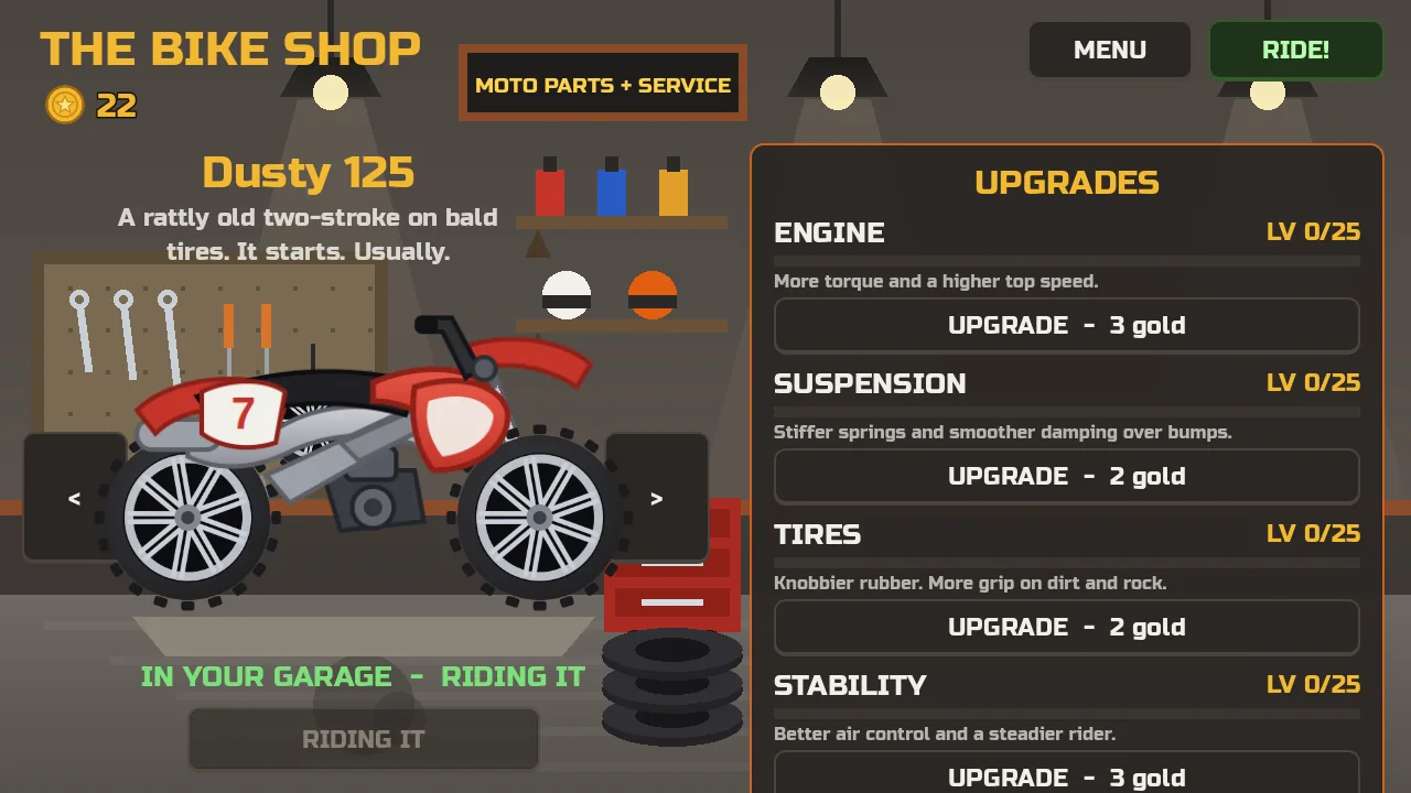 The Bike Shop screen showing the Dusty 125 bike and Engine, Suspension, Tires and Stability upgrades with costs