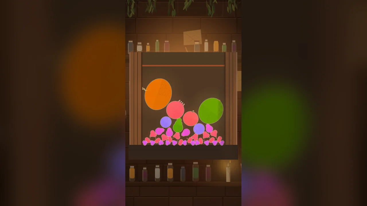 Fruit Alchemist: a cask filling with merged fruit — orange, pomegranate, green apple, grapes and berries — in a cozy alchemist's shop