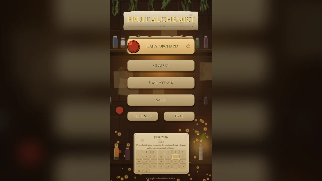 Fruit Alchemist main menu showing Daily Orchard, Classic, Time Attack and Sage modes with a harvest calendar