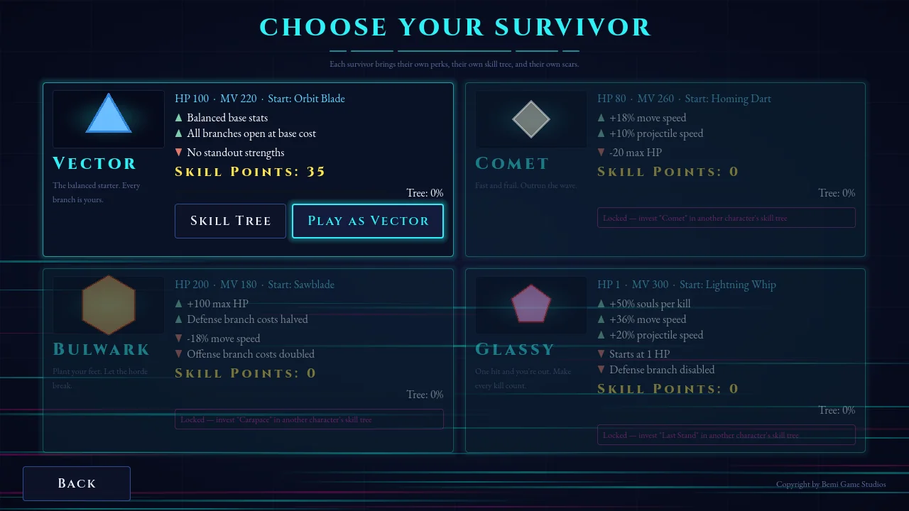 Choose Your Survivor screen with Vector, Comet, Bulwark and Glassy characters, each with their own stats and starting weapon