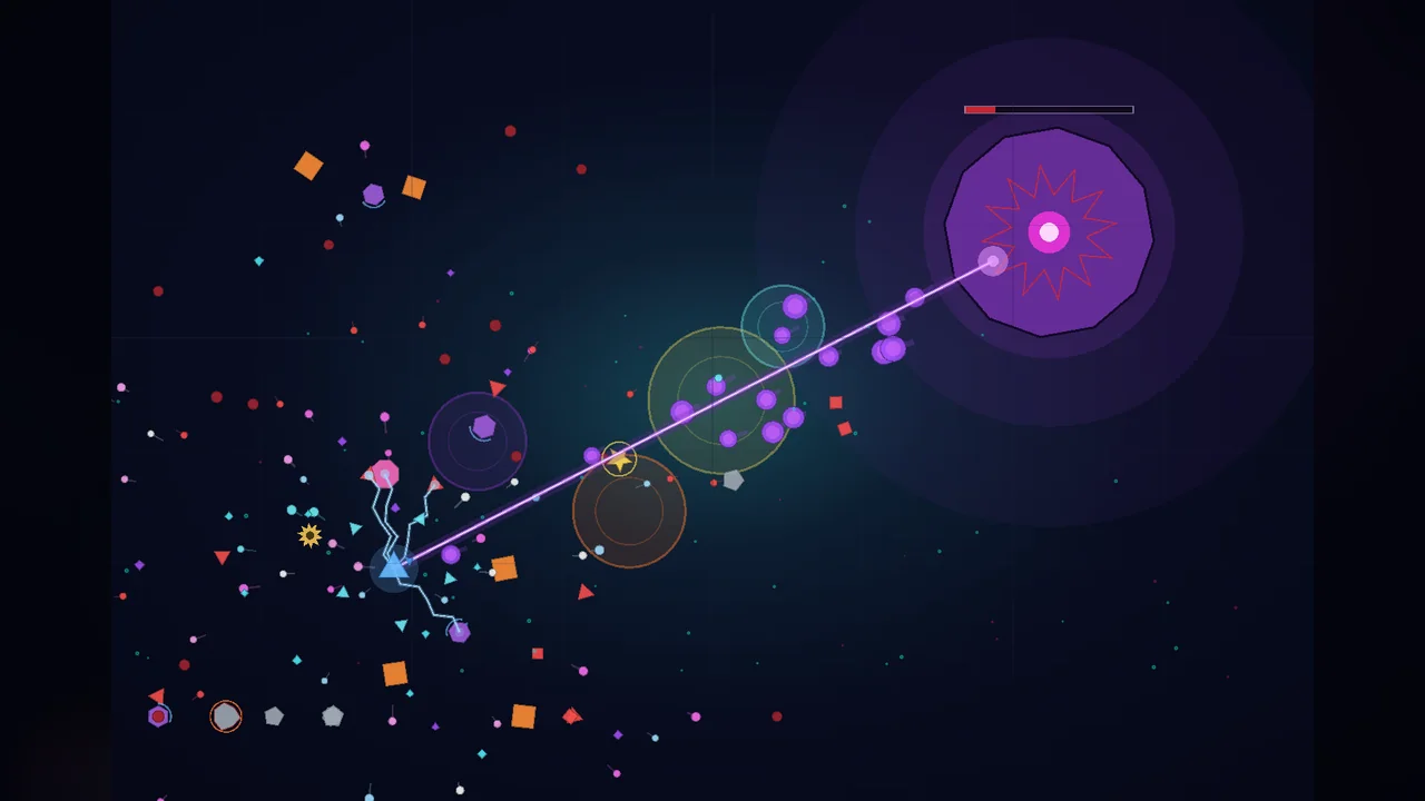 Geometry Survivor: the player triangle trailing chain lightning amid a swarm of geometric enemies, a big purple boss with a health bar at the top right and beams crossing the field