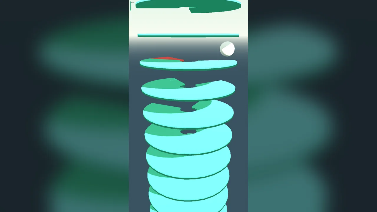 Helix Drop: a teal spinning helix tower with the white ball at the top, red danger sectors marking where not to land