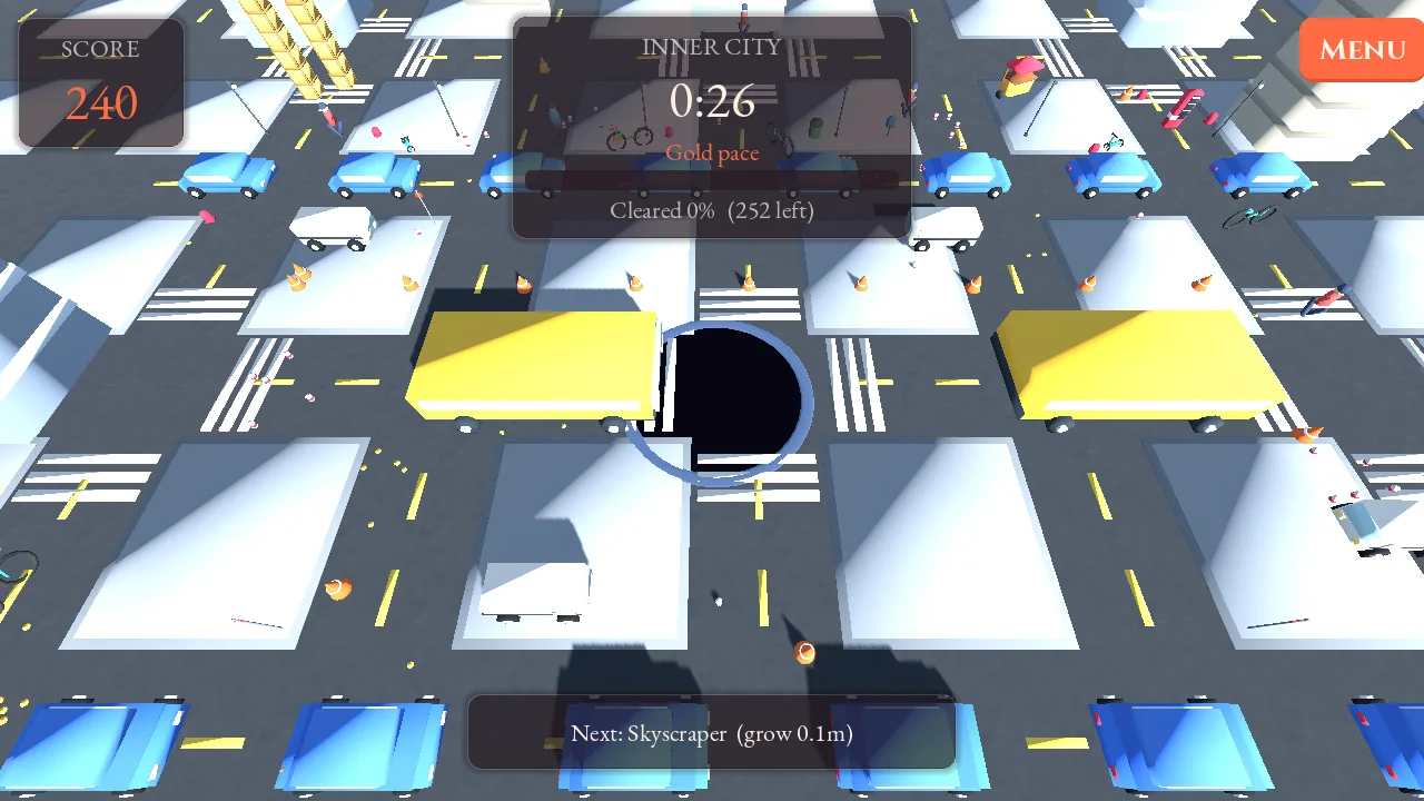 The hole roaming a city grid of streets, crosswalks and cars, with a prompt to grow large enough to swallow a skyscraper