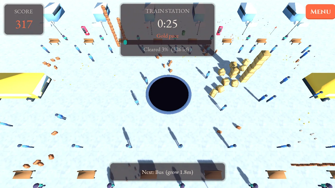 Hole Lotta in another themed level, the widened hole swallowing scattered props across the field