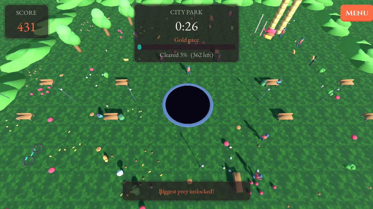Hole Lotta: a black hole in a grassy backyard eating planks, boxes and picnic gear as it grows