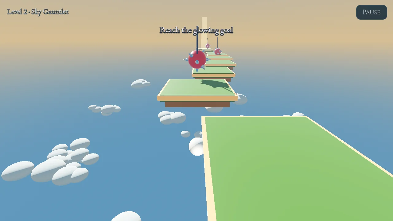 The marble steering past a spike ball on a narrow sky platform with a reach-the-landing-pad prompt