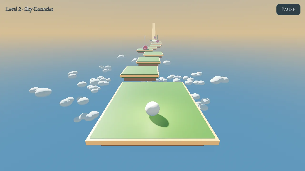 The marble landing on a green platform in the sky after jumping a gap between floating walkways