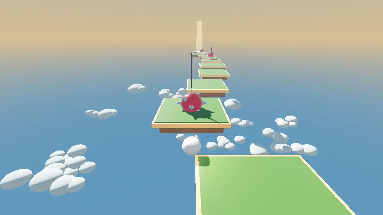 Marble Skyway: a marble rolling along floating candy-colored platforms high in a cloudy sky, a spike-ball hazard ahead