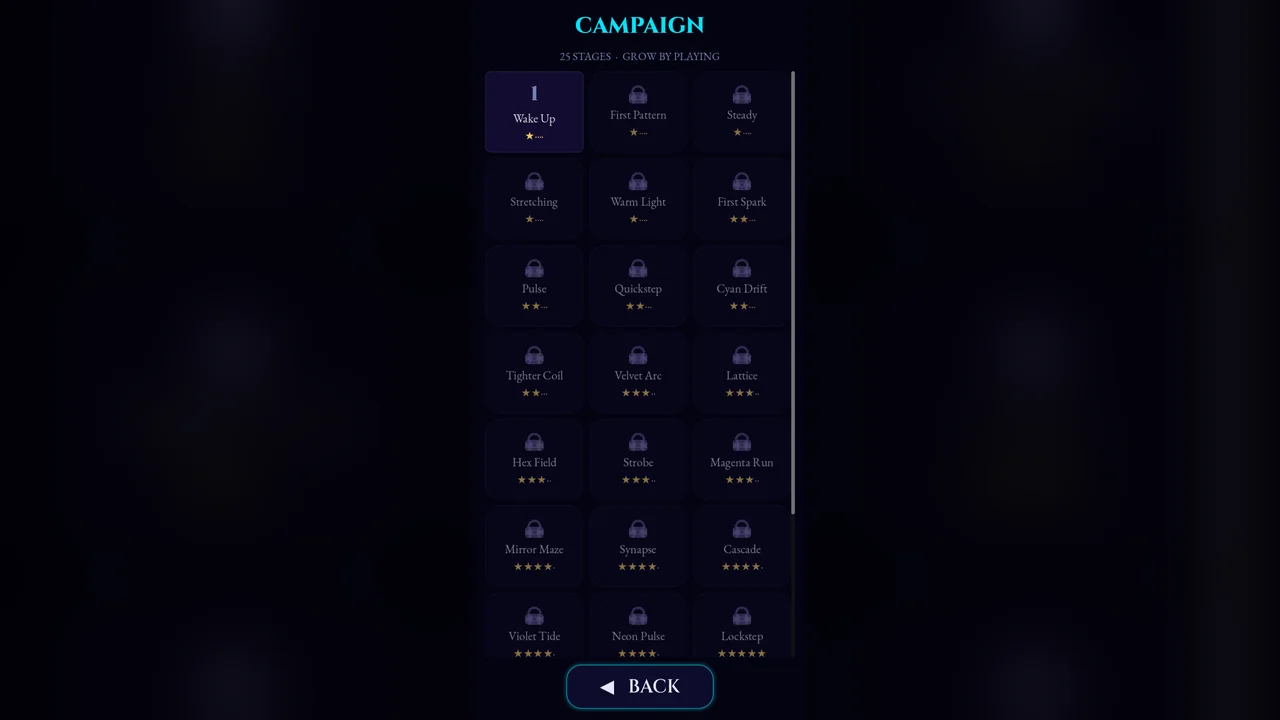 Mimic campaign select showing 25 stages such as Wake Up, First Pattern and Steady, each with star ratings