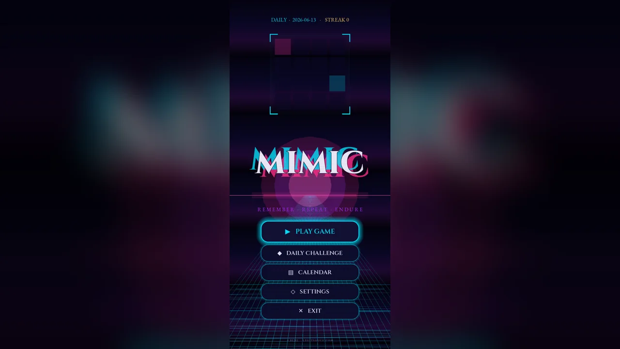 Mimic main menu: a neon MIMIC logo over a synthwave grid with Play Game, Daily Challenge, Calendar and Settings buttons