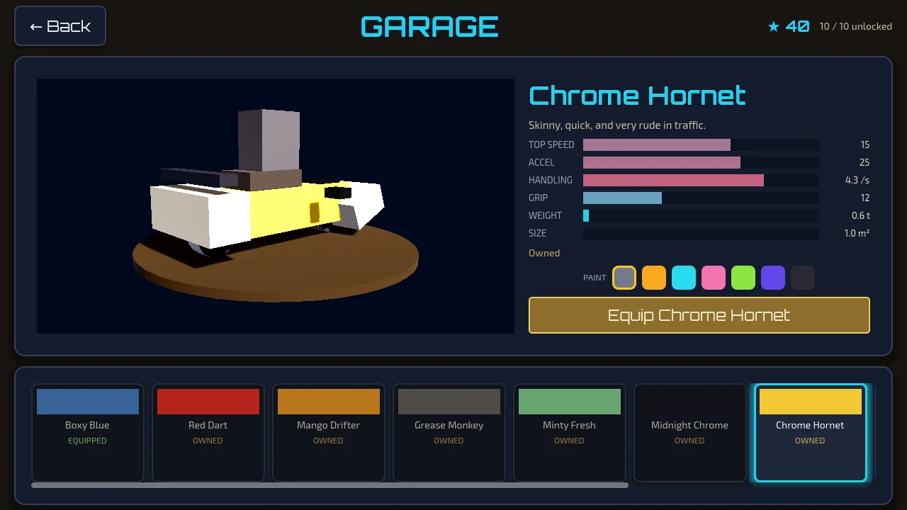 Pocket Racers garage showing the Chrome Hornet car with speed, accel and handling stats, paint options and a roster of unlocked cars