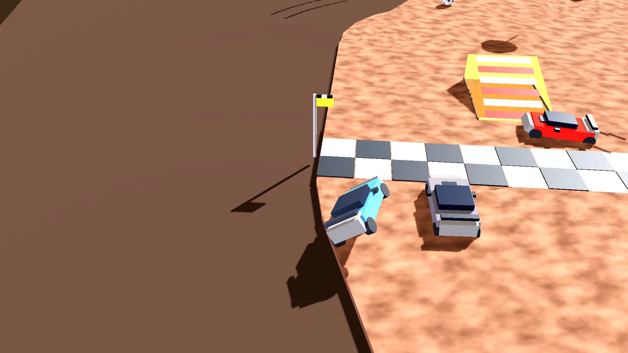 Pocket Racers: die-cast toy cars drifting around a checkered start line on a carpet tabletop track, tilt-shift view