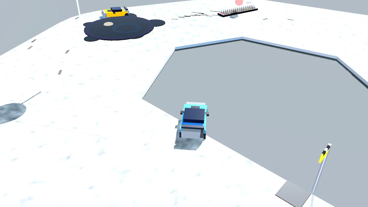 A different tabletop track on a pale tiled surface with toy cars racing past an oil-slick hazard and a checkpoint flag