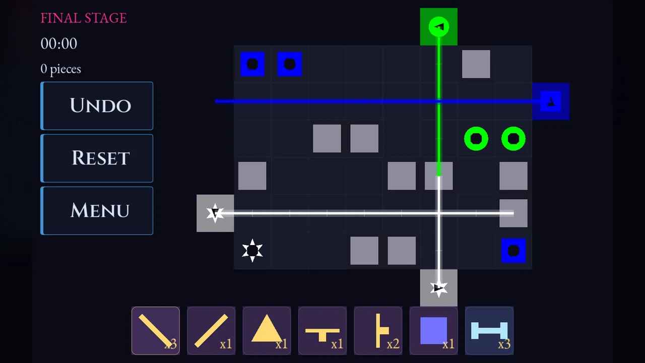 Prism final-stage puzzle with crossing green and blue beams that must be bent onto every target in the right color