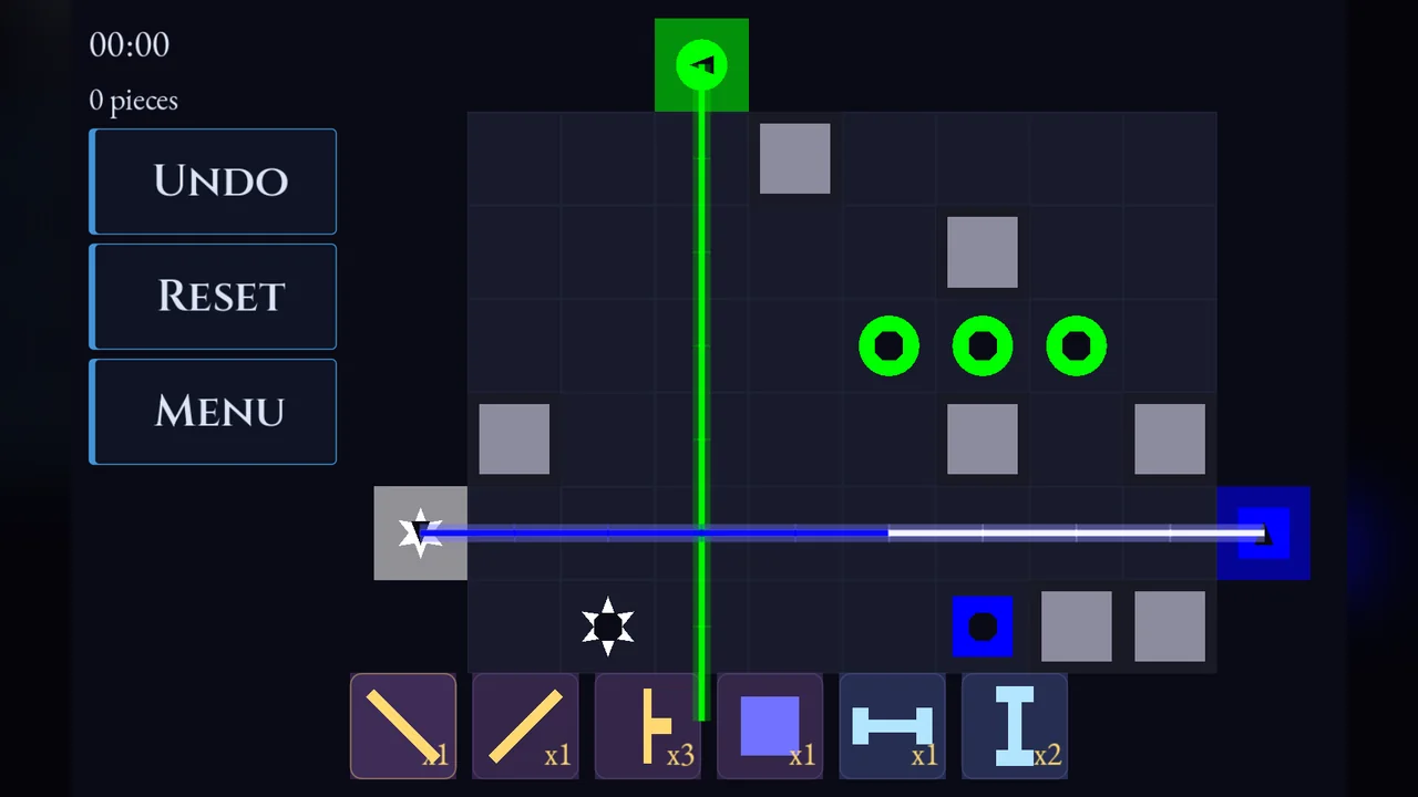 A Prism board with green and blue beams and several colored target rings, walls blocking the light, and the piece tray
