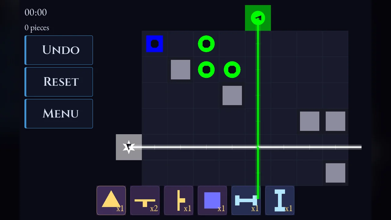 Prism puzzle: green and white laser beams crossing an 8x6 grid toward target rings, with a tray of mirror, prism and splitter pieces below
