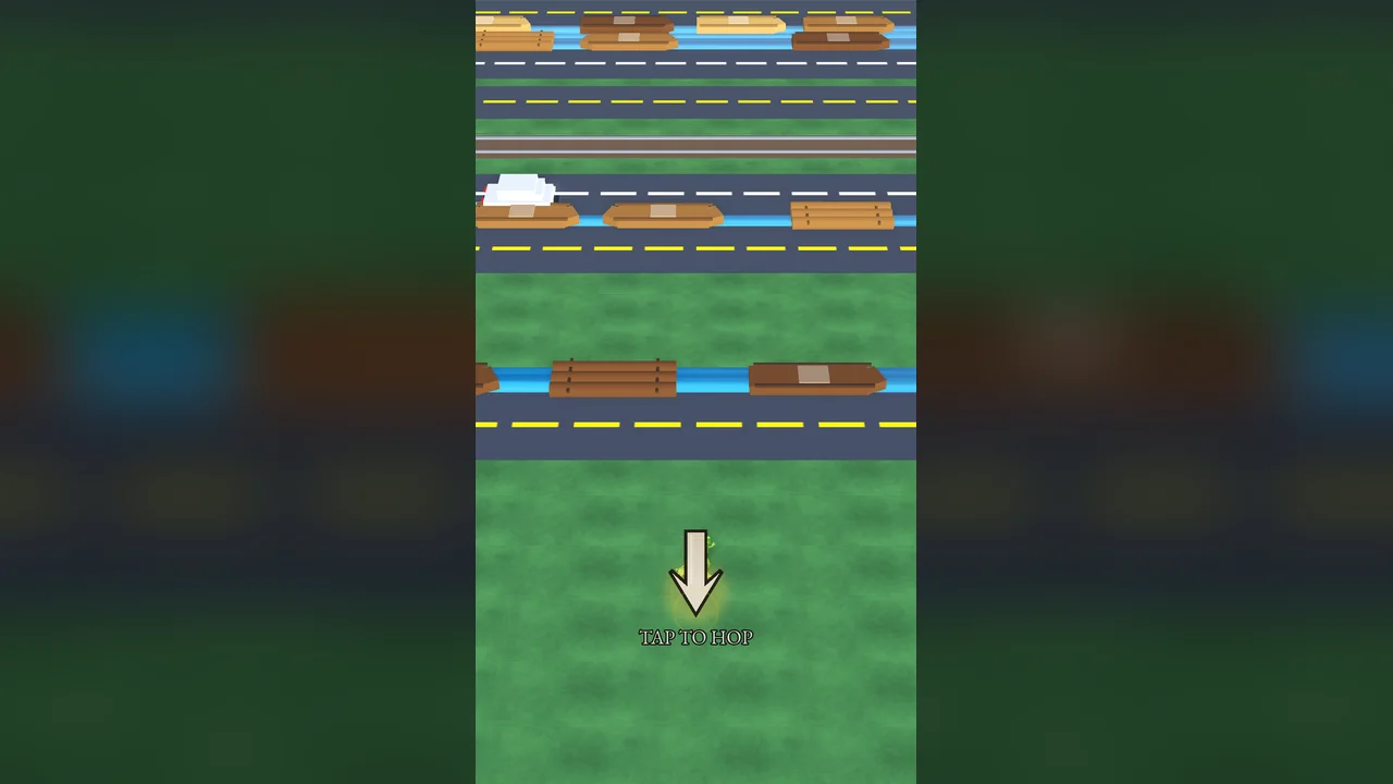 Road Hopper: a voxel critter at the edge of a grassy field facing lanes of roads with cars and rivers with floating logs to cross