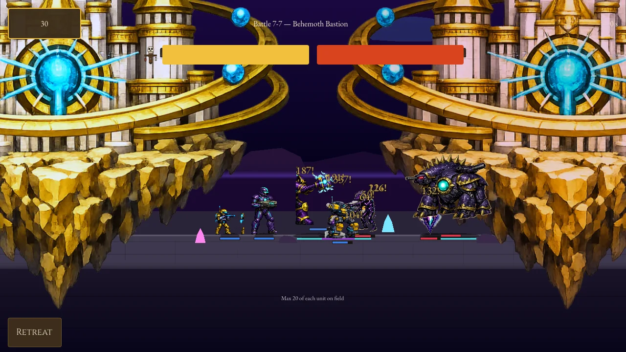 Boss fight — the towering Behemoth Walker looms over the player's strike force at the gold planetary citadel under a cosmic sky