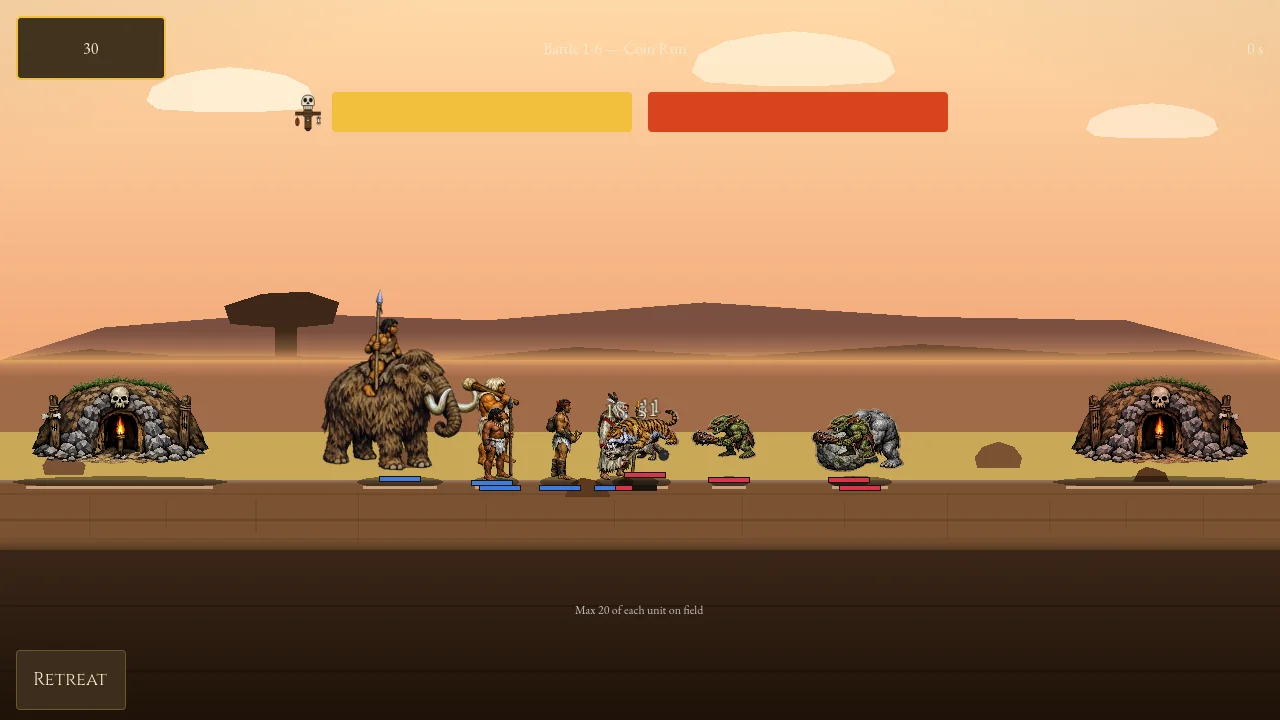 Dark Age battle — a mammoth rider and cavemen clash with wild wolves, a sabertooth and cave goblins between two skull-cave fortresses