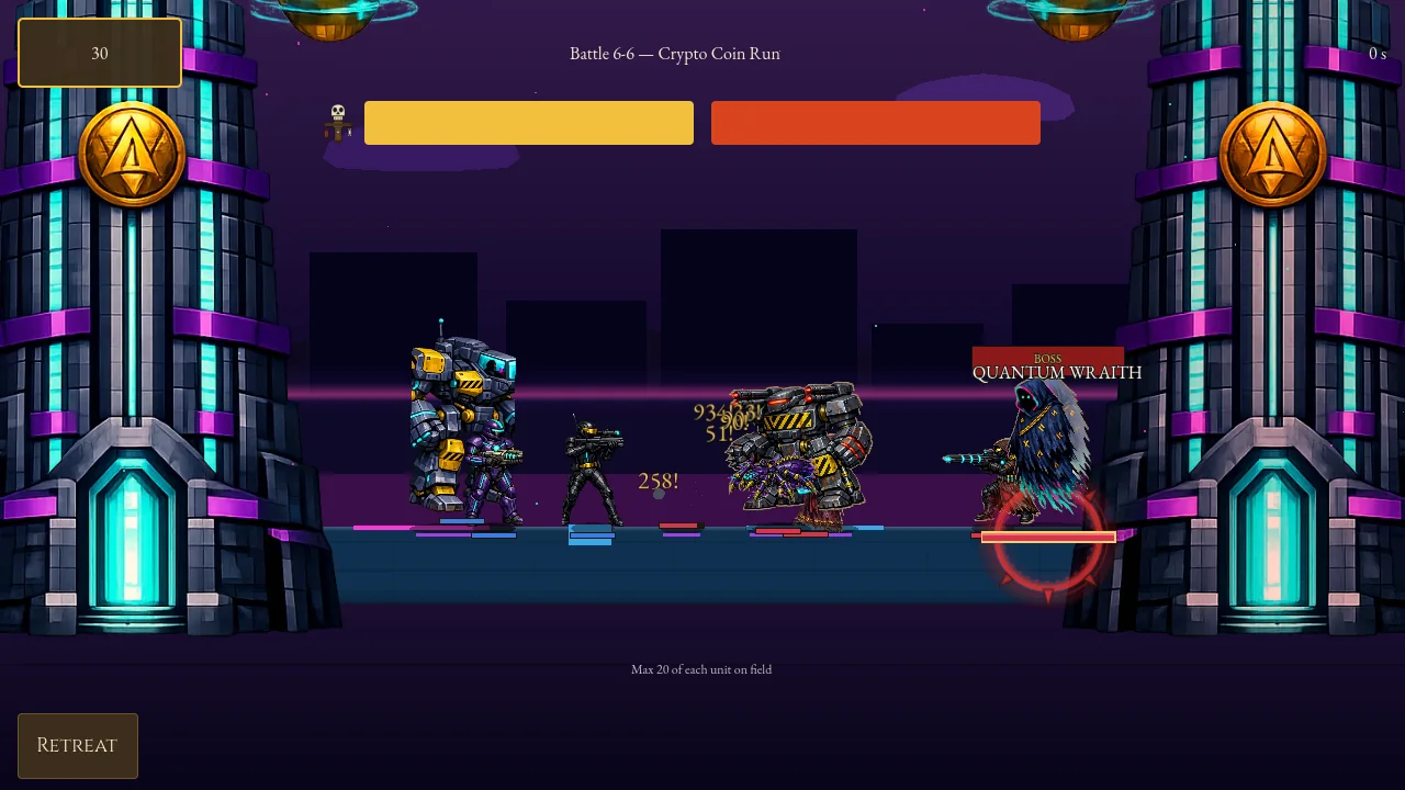 Quantum Age battle — mech walkers and plasma troopers trade fire with the Quantum Wraith boss across a neon cyber skyline, damage numbers flying