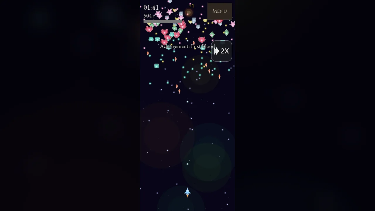The same game after buying the Graphics Department upgrade: the battlefield bursts into color with vivid enemies, particles and a colored HUD