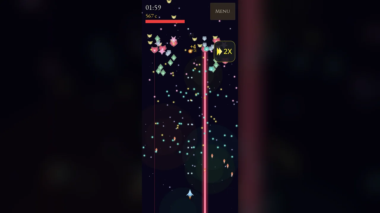 A dense late-game moment in full color: a swarm of enemies, a powerful laser beam firing up the screen and a high score