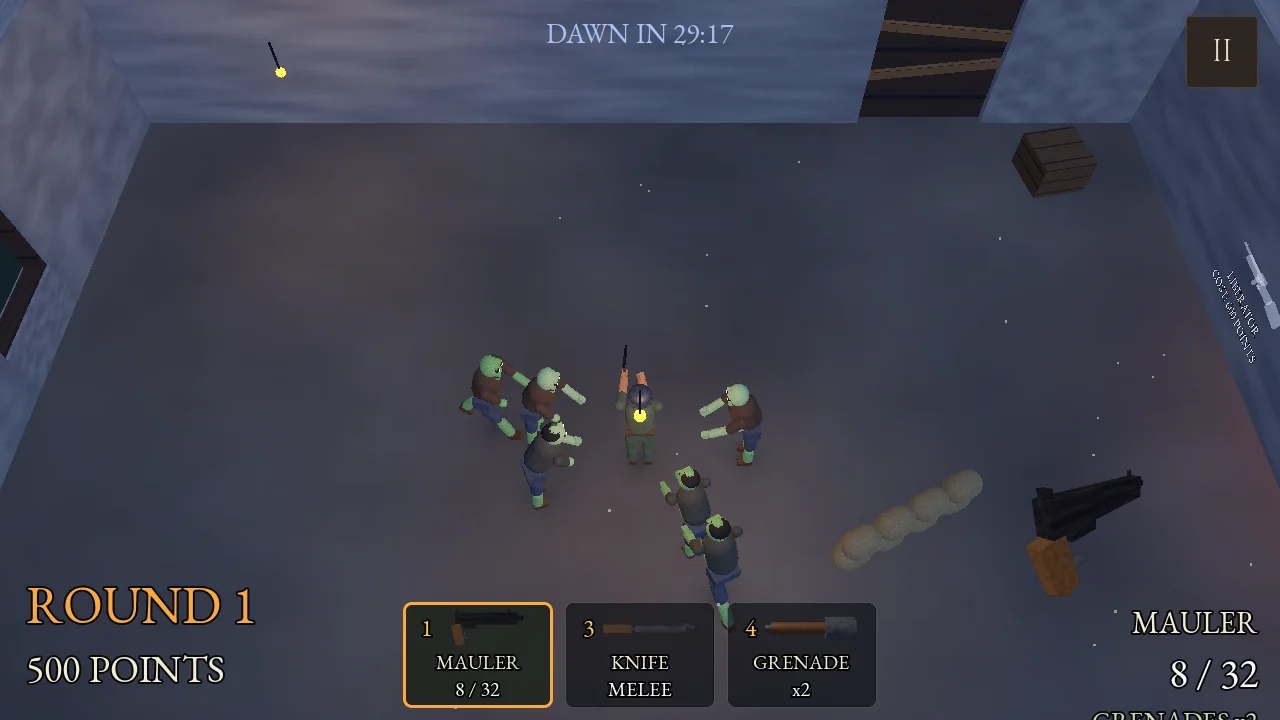 Survive the Night: top-down view of the player firing into a cluster of zombies in the bunker, with round, points and weapon HUD