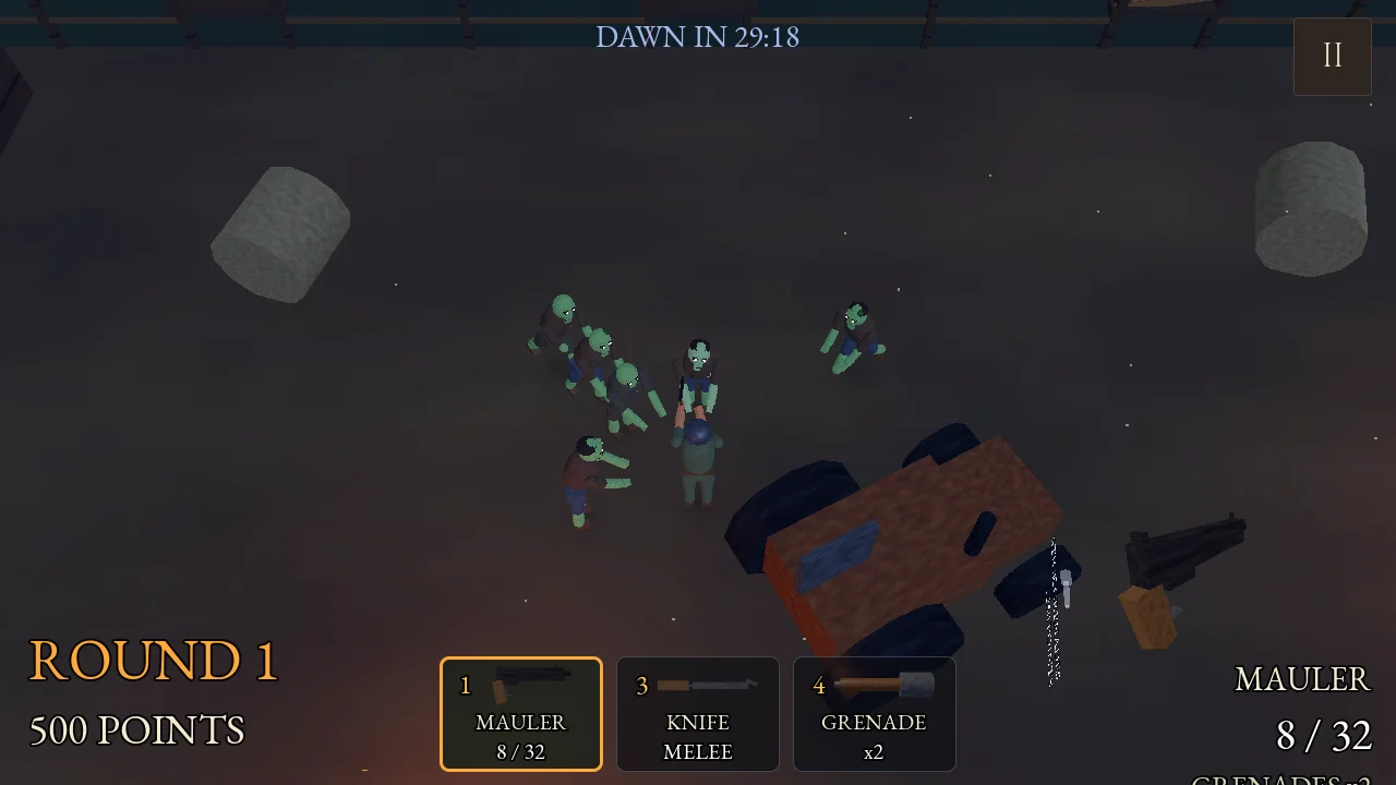 Zombie siege on the farm map, the player shooting a horde near a wrecked car