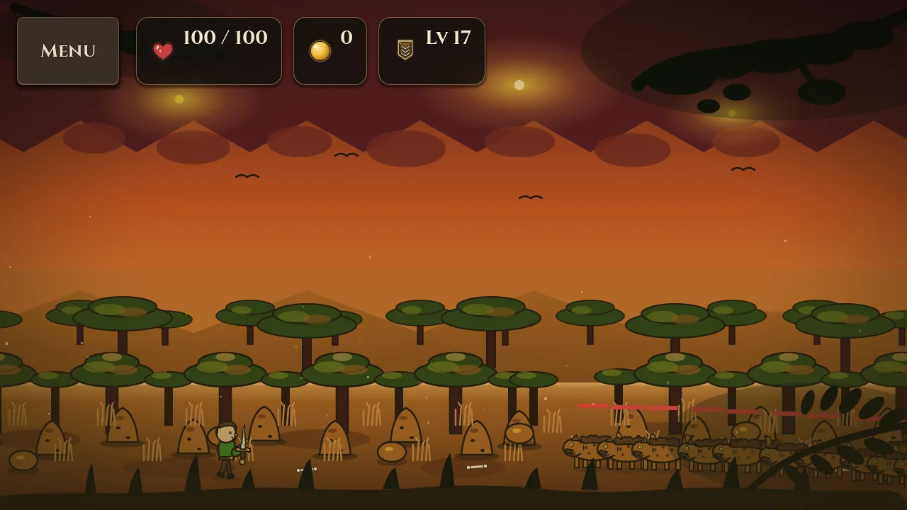 Survive the Wild: a hero auto-battling a wave of green goo and creatures advancing across a savanna in this side-on roguelike auto-battler