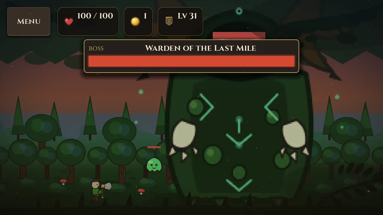 A multi-phase boss, the Hollow Warden, summoning minions amid green energy effects