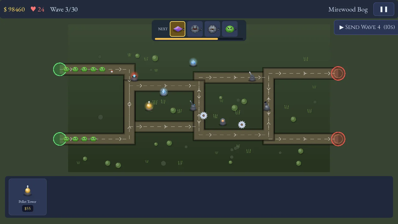 Tower Onslaught: towers placed beside a winding path on the Mirewood Bog map, firing on enemies marching from the gate to the portal