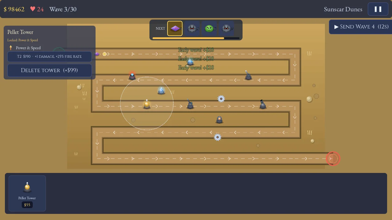 A Pelter Tower's upgrade popover open mid-battle on the Sunscar Dunes map, showing its upgrade and sell options